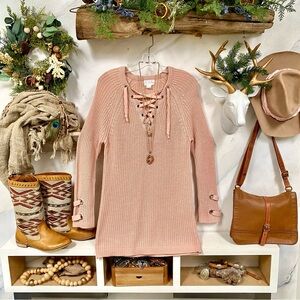 Chalet blush knit tunic w front lace up detailing & cabin cottage vibe